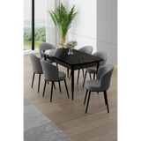 Canisa Asfel Serisi MDF 77x130 cm Siyah Mermer Desen Yandan Açılabilir Mutfak Masa Takımı, 6 Gri Sandalye