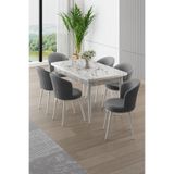 Canisa Asfel Serisi Mutfak Masa Takımı, MDF, 77x130 cm, Beyaz Mermer Desen, 6 Sandalye, Gri