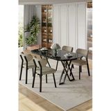Canisa Axton Serisi Sabit Mdf 90X168 Siyah Mermer Desen Mutfak Masa Takımı 4 Cappucino Sandalye