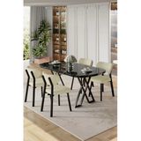Canisa Axton Serisi Sabit Mdf 90X168 Siyah Mermer Desen Mutfak Masa Takımı 4 Krem Sandalye