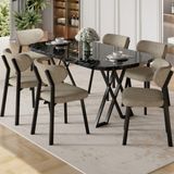 Canisa Axton Serisi Sabit Mdf 90X168 Siyah Mermer Desen Mutfak Masa Takımı 6 Sandalye - Cappuccino