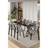 Canisa Axton Serisi Sabit Mdf 90X168 Siyah Mermer Desen Mutfak Masa Takımı 6 Sandalye - Gri