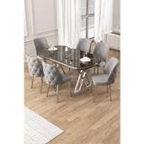 Canisa Concept Afe Serisi 90X168 Lak Panel Antrasit Ironi Krom Ayak Masa Takımı 6 Gri Sandalye