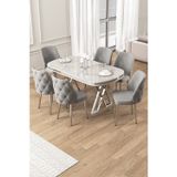 Canisa Concept Afe Serisi 90X168 Lak Panel Beyaz Mermer Desen Krom Ayak Masa Takımı 6 Gri Sandalye