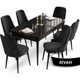Canisa Concept Ahu Serisi 80 x 132 cm Açılabilir Siyah Mermer Desen Mutfak Masa Takımı 6 Sandalye - 80x132