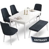 Canisa Concept Ahu Serisi 80x132 cm Açılabilir Beyaz Masa 4 Sandalye 1 Bench Antrasit Mutfak Masa Takımı
