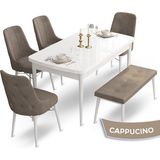 Canisa Concept Ahu Serisi 80x132 cm Açılabilir Beyaz Masa 4 Sandalye 1 Bench Cappuccino Mutfak Masa Takımı