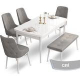 Canisa Concept Ahu Serisi 80x132 cm Açılabilir Beyaz Masa 4 Sandalye 1 Bench Gri Mutfak Masa Takımı