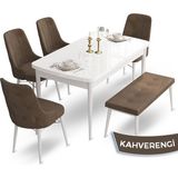Canisa Concept Ahu Serisi 80x132 cm Açılabilir Beyaz Masa 4 Sandalye 1 Bench Kahverengi Mutfak Masa Takımı