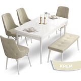Canisa Concept Ahu Serisi 80x132 cm Açılabilir Beyaz Masa 4 Sandalye 1 Bench Krem Mutfak Masa Takımı