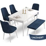Canisa Concept Ahu Serisi 80x132 cm Açılabilir Beyaz Masa 4 Sandalye 1 Bench Lacivert Mutfak Masa Takımı