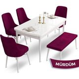 Canisa Concept Ahu Serisi 80x132 cm Açılabilir Beyaz Masa 4 Sandalye 1 Bench Mürdüm Mutfak Masa Takımı