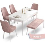 Canisa Concept Ahu Serisi 80x132 cm Açılabilir Beyaz Masa 4 Sandalye 1 Bench Pembe Mutfak Masa Takımı