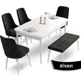 Canisa Concept Ahu Serisi 80x132 cm Açılabilir Beyaz Masa 4 Sandalye 1 Bench Siyah Mutfak Masa Takımı