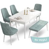 Canisa Concept Ahu Serisi 80x132 cm Açılabilir Beyaz Masa 4 Sandalye 1 Bench Su Yeşili Mutfak Masa Takımı