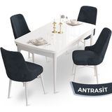 Canisa Concept Ahu Serisi 80x132 cm Açılabilir Beyaz Masa 4 Sandalye Antrasit Mutfak Masa Takımı