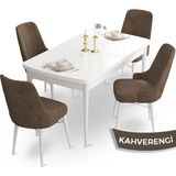 Canisa Concept Ahu Serisi 80x132 cm Açılabilir Beyaz Masa 4 Sandalye Kahverengi Mutfak Masa Takımı