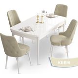 Canisa Concept Ahu Serisi 80x132 cm Açılabilir Beyaz Masa 4 Sandalye Krem Mutfak Masa Takımı