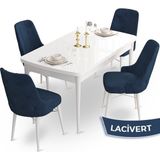 Canisa Concept Ahu Serisi 80x132 cm Açılabilir Beyaz Masa 4 Sandalye Lacivert Mutfak Masa Takımı