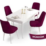 Canisa Concept Ahu Serisi 80x132 cm Açılabilir Beyaz Masa 4 Sandalye Mürdüm Mutfak Masa Takımı