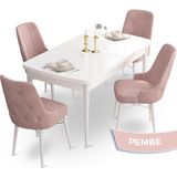 Canisa Concept Ahu Serisi 80x132 cm Açılabilir Beyaz Masa 4 Sandalye Pembe Mutfak Masa Takımı