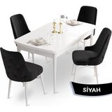 Canisa Concept Ahu Serisi 80x132 cm Açılabilir Beyaz Masa 4 Sandalye Siyah Mutfak Masa Takımı