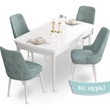 Canisa Concept Ahu Serisi 80x132 cm Açılabilir Beyaz Masa 4 Sandalye Su Yeşili Mutfak Masa Takımı