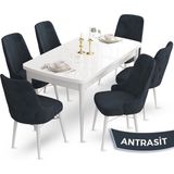 Canisa Concept Ahu Serisi 80x132 cm Açılabilir Beyaz Masa 6 Sandalye Antrasit Mutfak Masa Takımı