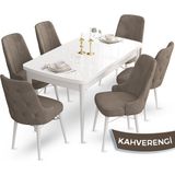 Canisa Concept Ahu Serisi 80x132 cm Açılabilir Beyaz Masa 6 Sandalye Cappucino Mutfak Masa Takımı