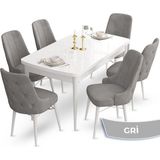 Canisa Concept Ahu Serisi 80x132 cm Açılabilir Beyaz Masa 6 Sandalye Gri Mutfak Masa Takımı
