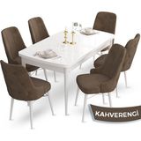 Canisa Concept Ahu Serisi 80x132 cm Açılabilir Beyaz Masa 6 Sandalye Kahverengi Mutfak Masa Takımı