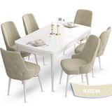 Canisa Concept Ahu Serisi 80x132 cm Açılabilir Beyaz Masa 6 Sandalye Krem Mutfak Masa Takımı