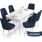 Canisa Concept Ahu Serisi 80x132 cm Açılabilir Beyaz Masa 6 Sandalye Lacivert Mutfak Masa Takımı