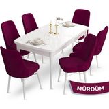 Canisa Concept Ahu Serisi 80x132 cm Açılabilir Beyaz Masa 6 Sandalye Mürdüm Mutfak Masa Takımı