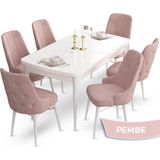 Canisa Concept Ahu Serisi 80x132 cm Açılabilir Beyaz Masa 6 Sandalye Pembe Mutfak Masa Takımı