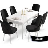 Canisa Concept Ahu Serisi 80x132 cm Açılabilir Beyaz Masa 6 Sandalye Siyah Mutfak Masa Takımı