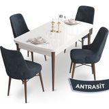 Canisa Concept Ahu Serisi 80x132 cm Açılabilir Beyaz Masa Ceviz Ayak 4 Sandalye Antrasit Mutfak Masa Takımı