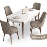 Canisa Concept Ahu Serisi 80x132 cm Açılabilir Beyaz Masa Ceviz Ayak 4 Sandalye Cappuccino Mutfak Masa Takımı