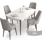 Canisa Concept Ahu Serisi 80x132 cm Açılabilir Beyaz Masa Ceviz Ayak 4 Sandalye Gri Mutfak Masa Takımı
