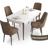 Canisa Concept Ahu Serisi 80x132 cm Açılabilir Beyaz Masa Ceviz Ayak 4 Sandalye Kahverengi Mutfak Masa Takımı