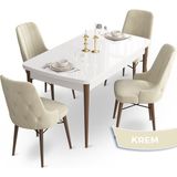 Canisa Concept Ahu Serisi 80x132 cm Açılabilir Beyaz Masa Ceviz Ayak 4 Sandalye Krem Mutfak Masa Takımı