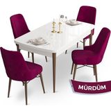 Canisa Concept Ahu Serisi 80x132 cm Açılabilir Beyaz Masa Ceviz Ayak 4 Sandalye Mürdüm Mutfak Masa Takımı