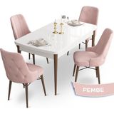 Canisa Concept Ahu Serisi 80x132 cm Açılabilir Beyaz Masa Ceviz Ayak 4 Sandalye Pembe Mutfak Masa Takımı
