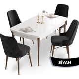 Canisa Concept Ahu Serisi 80x132 cm Açılabilir Beyaz Masa Ceviz Ayak 4 Sandalye Siyah Mutfak Masa Takımı