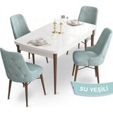 Canisa Concept Ahu Serisi 80x132 cm Açılabilir Beyaz Masa Ceviz Ayak 4 Sandalye Su Yeşili Mutfak Masa Takımı