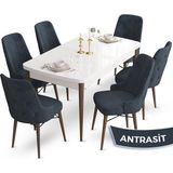 Canisa Concept Ahu Serisi 80x132 cm Açılabilir Beyaz Masa Ceviz Ayak 6 Sandalye Antrasit Mutfak Masa Takımı