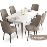 Canisa Concept Ahu Serisi 80x132 cm Açılabilir Beyaz Masa Ceviz Ayak 6 Sandalye Cappucino Mutfak Masa Takımı