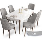 Canisa Concept Ahu Serisi 80x132 cm Açılabilir Beyaz Masa Ceviz Ayak 6 Sandalye Gri Mutfak Masa Takımı