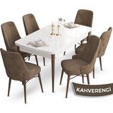 Canisa Concept Ahu Serisi 80x132 cm Açılabilir Beyaz Masa Ceviz Ayak 6 Sandalye Kahverengi Mutfak Masa Takımı