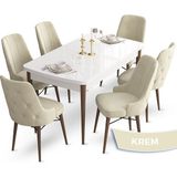 Canisa Concept Ahu Serisi 80x132 cm Açılabilir Beyaz Masa Ceviz Ayak 6 Sandalye Krem Mutfak Masa Takımı